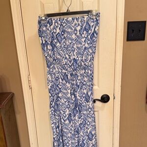 Jessica Simpson Blue and White Strapless Ikat romper